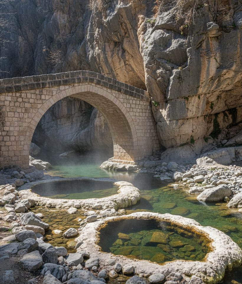 A narrow stone arch above shallow pools rimmed with pale mineral crust and loose rock