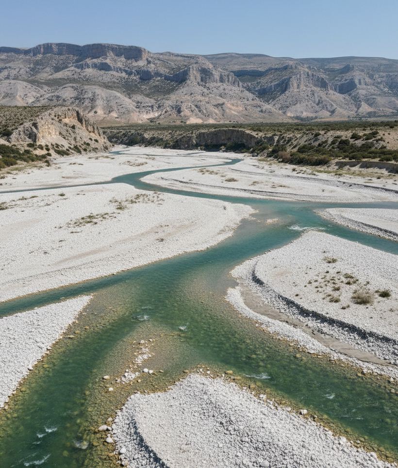 A braided river splitting into pale channels across a wide gravel bed below dry hills