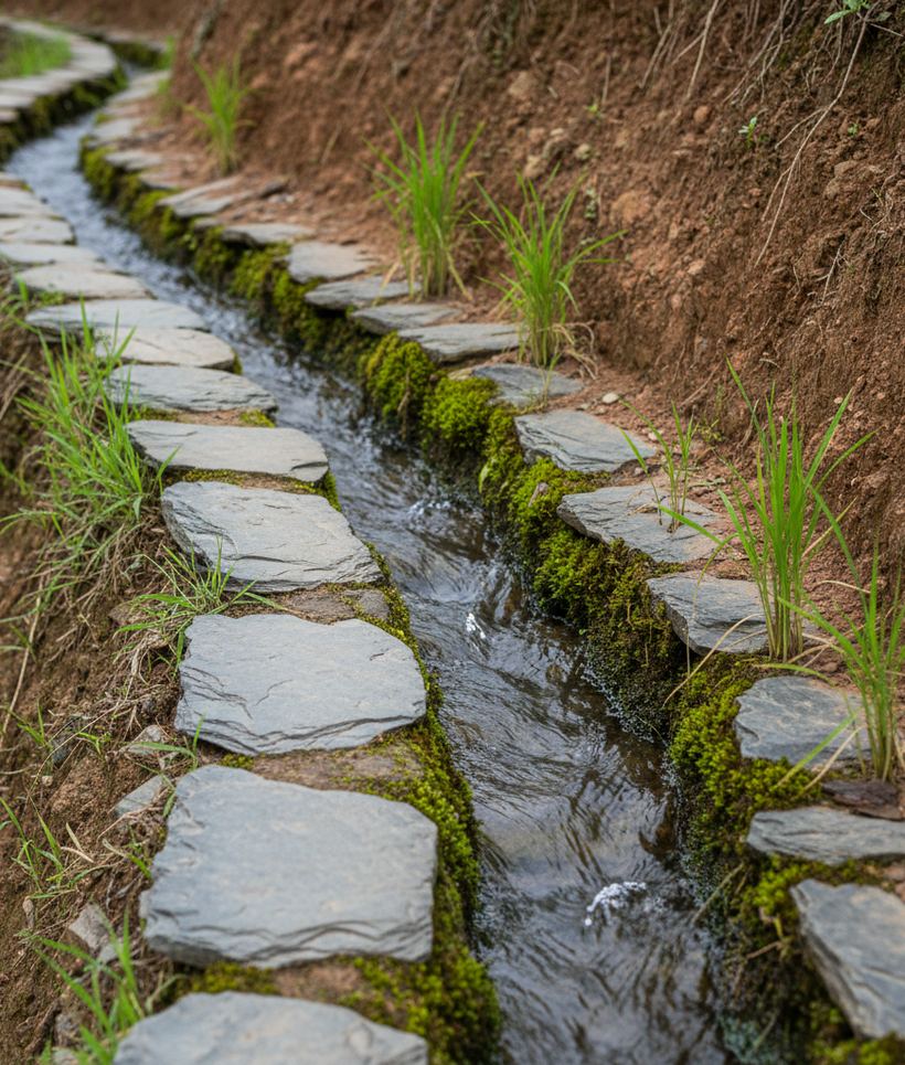 Clear water running fast along a slate lined channel beside a mossy terrace wall