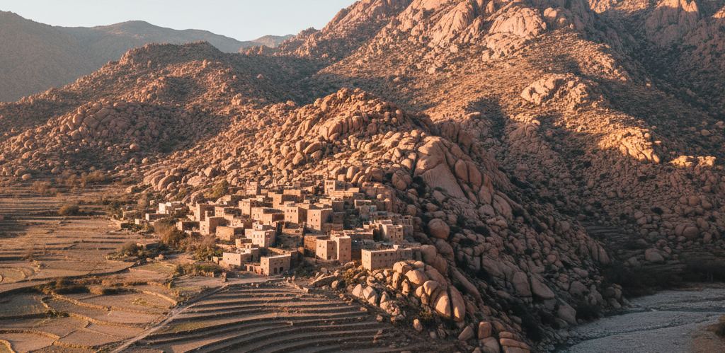 Ochre stone houses stacked on a slope below rounded pink granite domes and dry terraces.