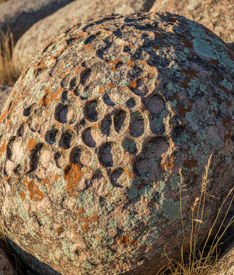 Close view of granite pitted with honeycomb hollows and covered in orange and grey lichen