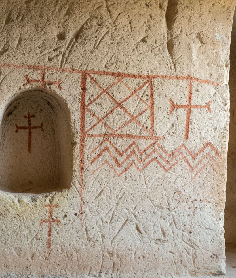Pale carved rock wall with red ochre crosses and lattice patterns beside a shallow niche