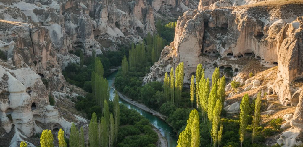 A deep pale canyon with a green river and poplars below flat dry farmland