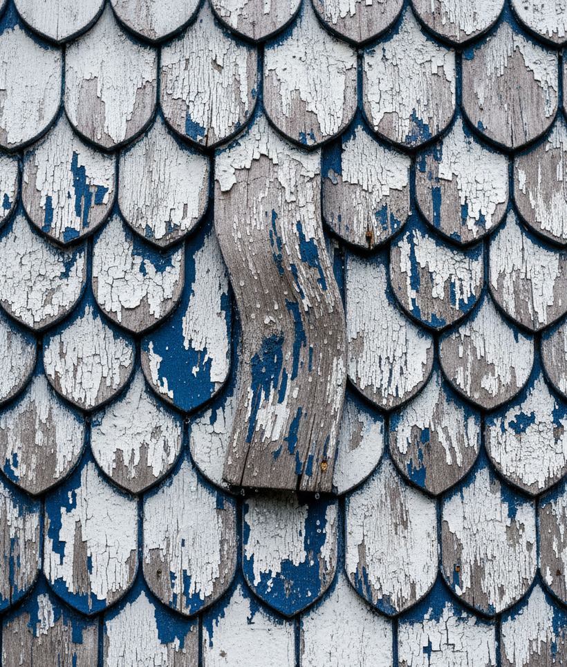 Overlapping hand cut shingles on a church wall with chipped white and blue paint