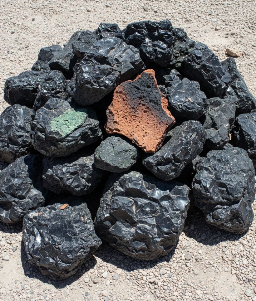 Black glassy slag lumps with green stained crusts lie on pale desert gravel.