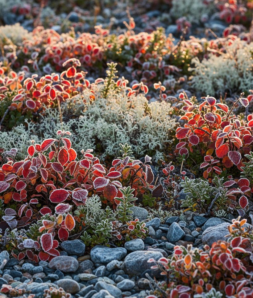 Scarlet dwarf birch leaves and pale grey lichen with frost still on the low ground cover