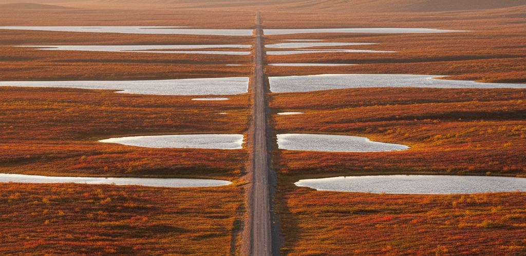 A raised gravel road crossing red and rust colored tundra toward bare rounded mountains under low sun