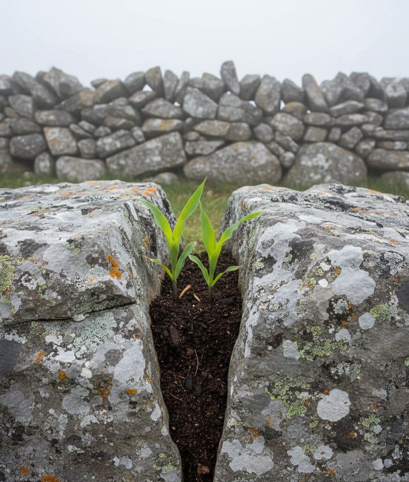Two maize plants in a pocket of dark soil between sharp gray limestone blocks