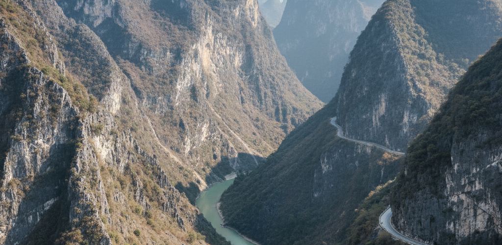 A deep gorge with a pale green river below gray limestone slopes and a cut road ledge