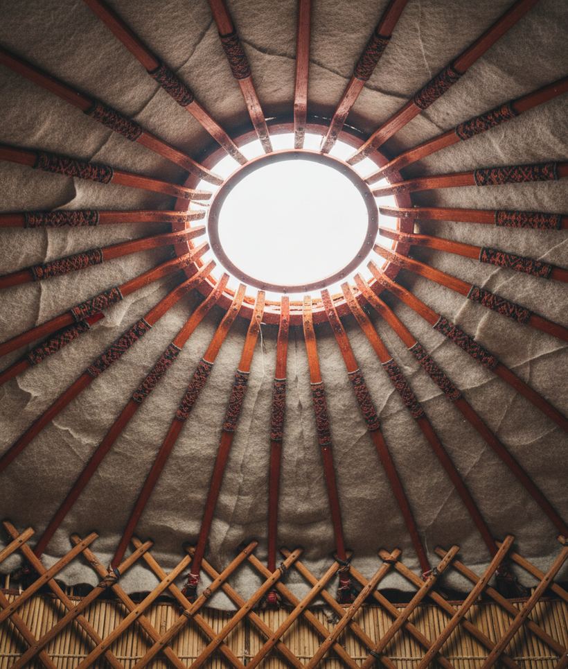 A red wooden roof ring with curved struts and lashed poles seen from inside a tent.