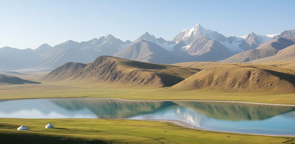 Grass pasture and low white felt tents beside a wide shallow lake under treeless ridges.