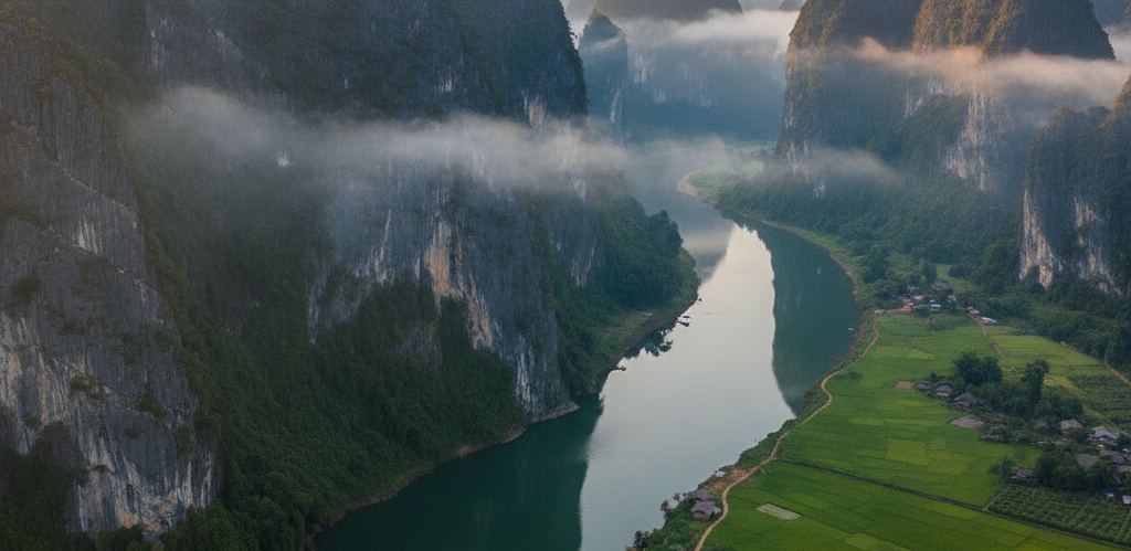 Green river between tall gray limestone towers with mist in the gaps and thatched roofs