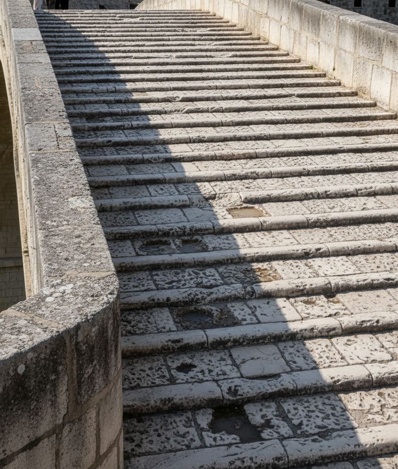 Worn ribbed limestone deck of a steep arched bridge, older and newer blocks in different tones.