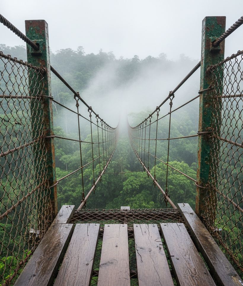 Close view of a narrow suspension footbridge, its planks, cables and mesh above misty forest
