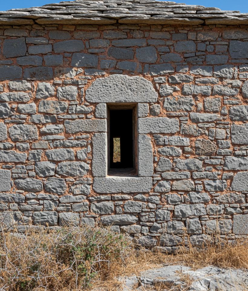 Corner of a dry laid limestone tower with a narrow window slot and stone lintel
