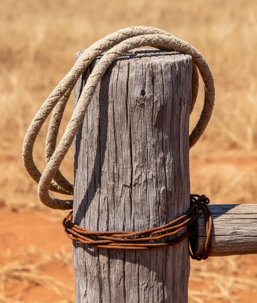 A cracked hardwood corral post with a coil of plaited rawhide rope over its top