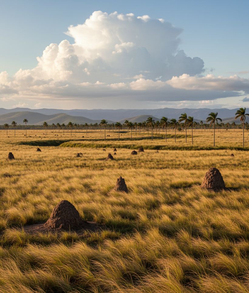 Open grassland with termite mounds and a line of palms, low hills on the horizon