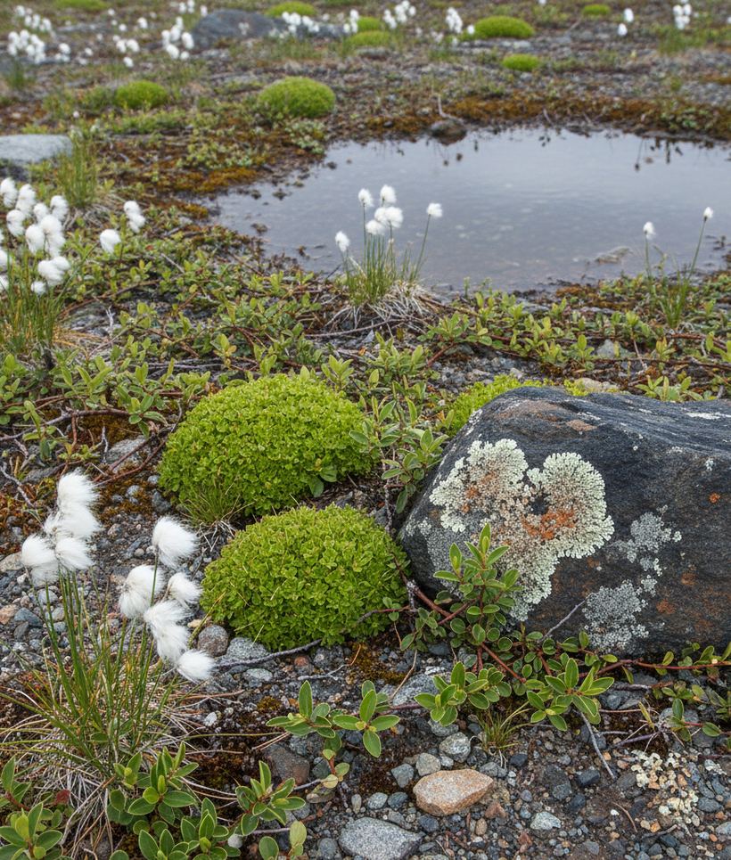 White cotton grass and low willow over wet gravel beside a lichen crusted dark boulder