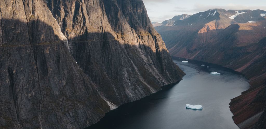 Sheer dark cliffs rise from black fjord water with flat topped white icebergs standing between them