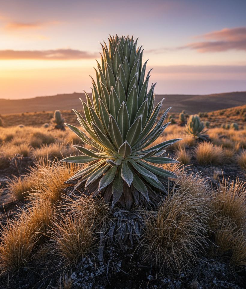 A tall giant lobelia rosette rimmed with frost above dry tussock grass at sunrise