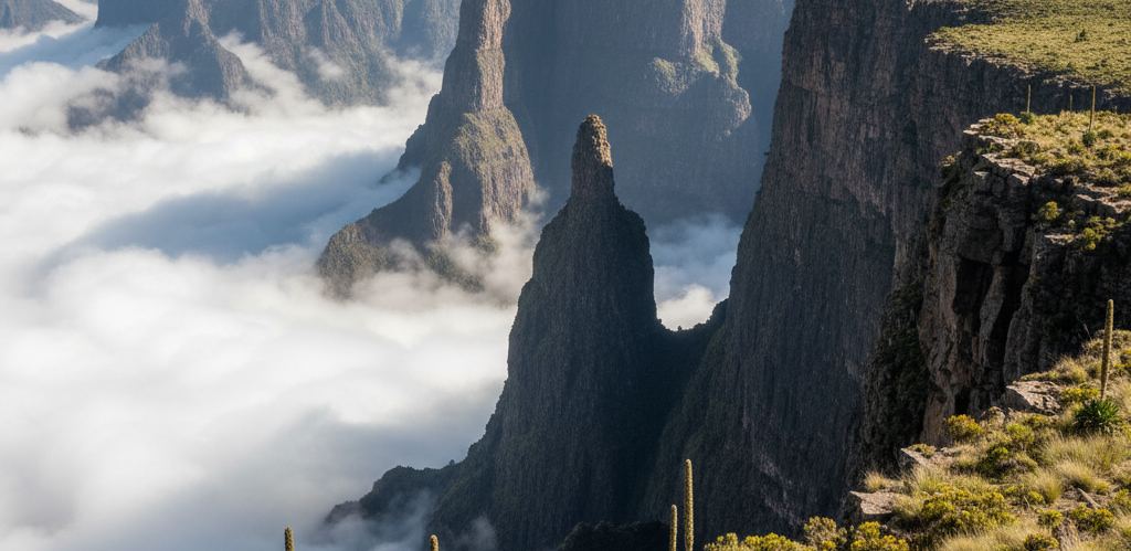 Layered basalt cliffs and isolated eroded pinnacles above cloud filling the gorges below