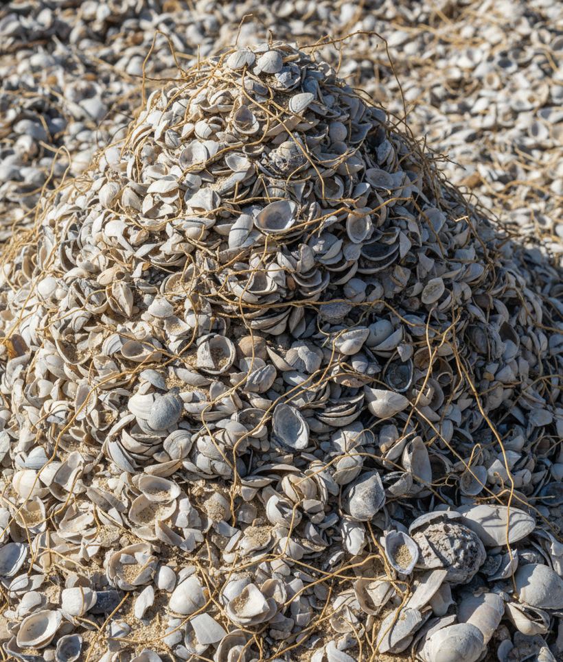 Thousands of small pale shells packed hard together with dry roots threading through the gaps