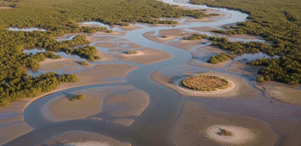 Branching tidal channels cut through low mangrove and pale mud banks under a hazy sky
