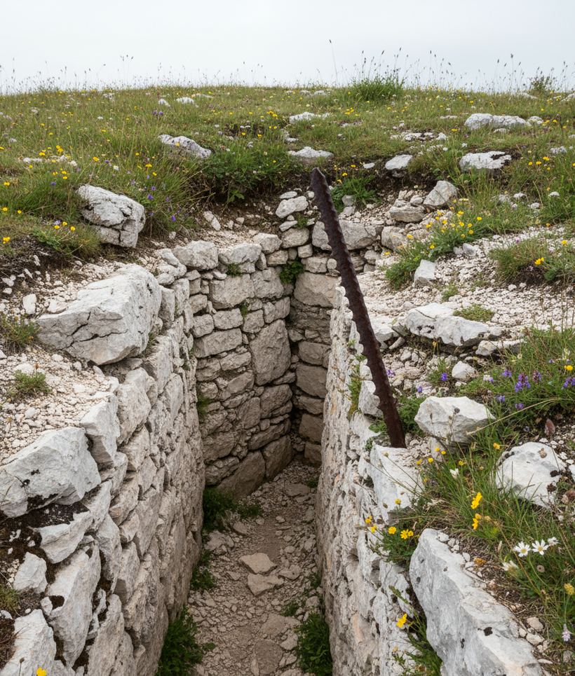 Stone and concrete trench cut into pale limestone with a rusted iron picket in grass