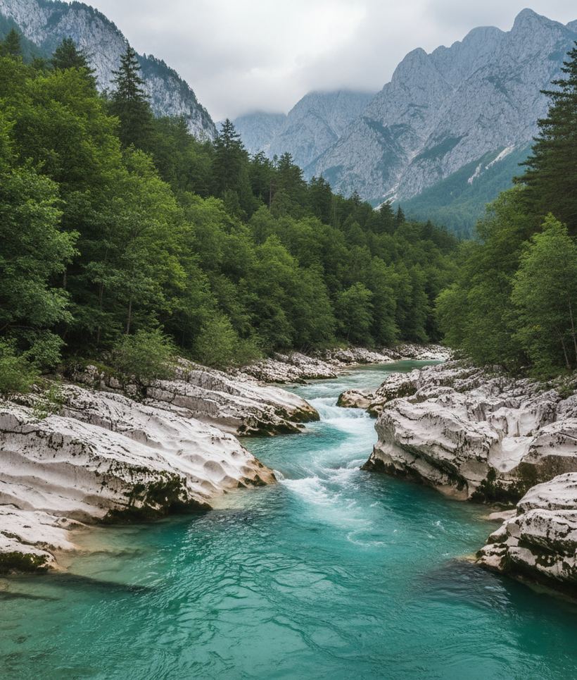 Turquoise river in a narrow white limestone channel below grey alpine peaks
