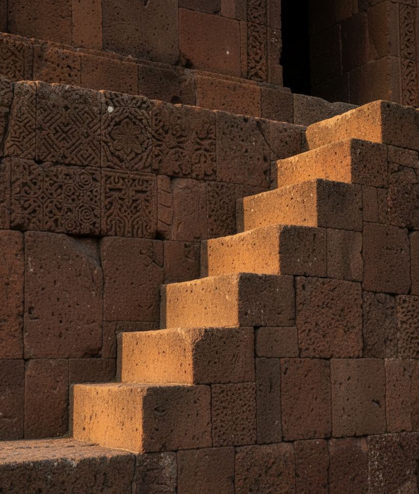 Steep stone treads project from a reddish church wall with no railing beside them.