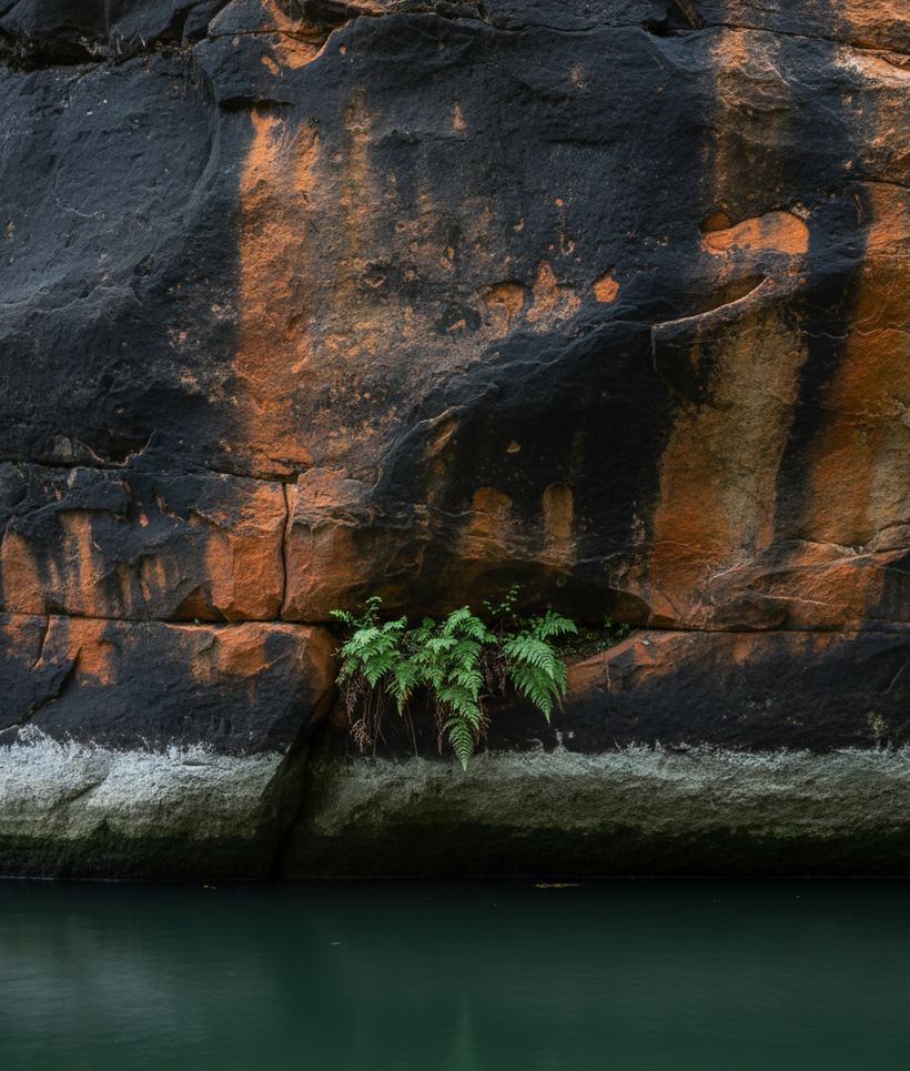 A streaked orange and black rock wall meeting still dark water with ferns in a crack