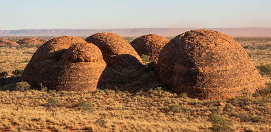 Steep sandstone domes striped orange and grey rising above dry spinifex under hard afternoon light