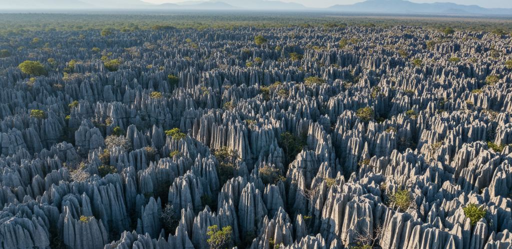 A field of sharp grey limestone pinnacles with dry scrub in the fissures between them