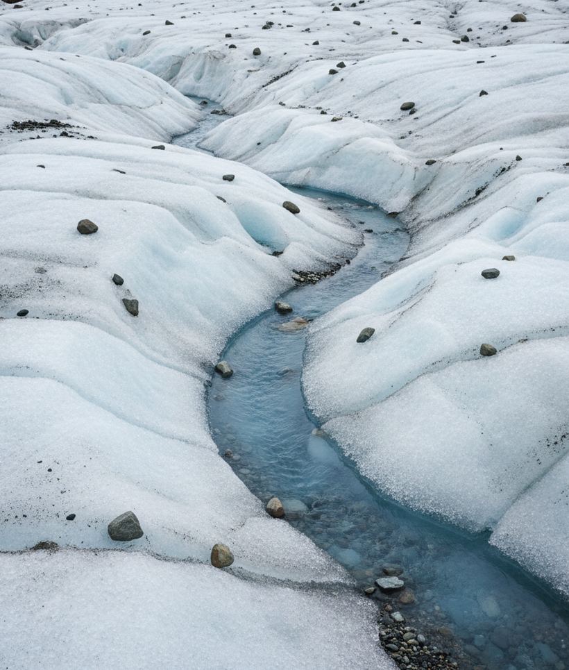 Grit and small stones scattered on ridged glacier ice beside a narrow blue meltwater channel