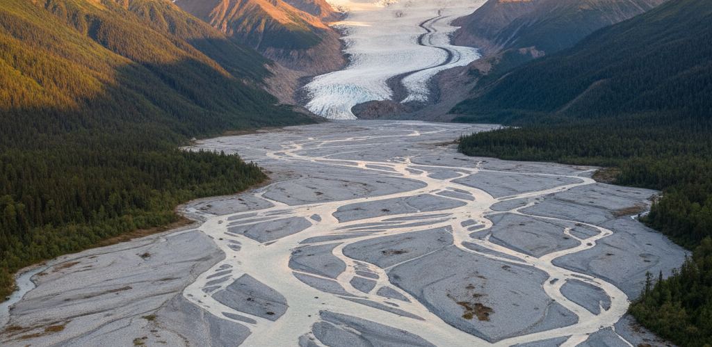 A braided glacial river on a gravel plain below a crevassed glacier and snow covered peaks